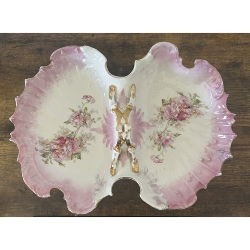 RARE Antique Celery Candy Center Dish Pink Gold Floral‎ Two Sided W/Handle Bowls